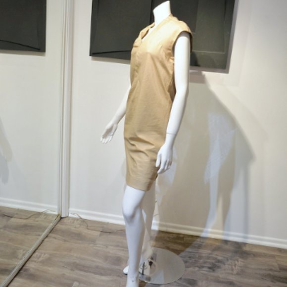Vintage Tan Twill Asymmetric Pleat Sheath Dress - Picture 4 of 7